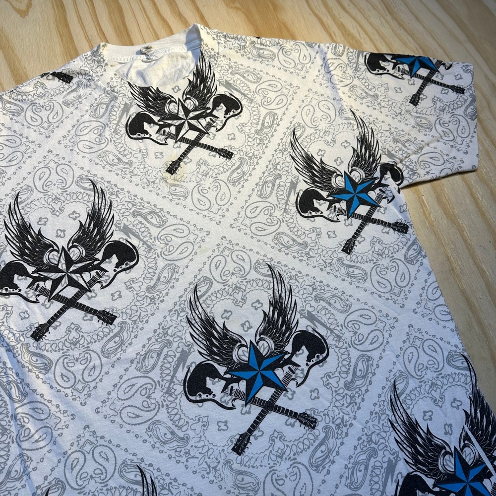Alstyle Mens Large White All Over Print Paisley Winged Guitar Graphic T-Shirt